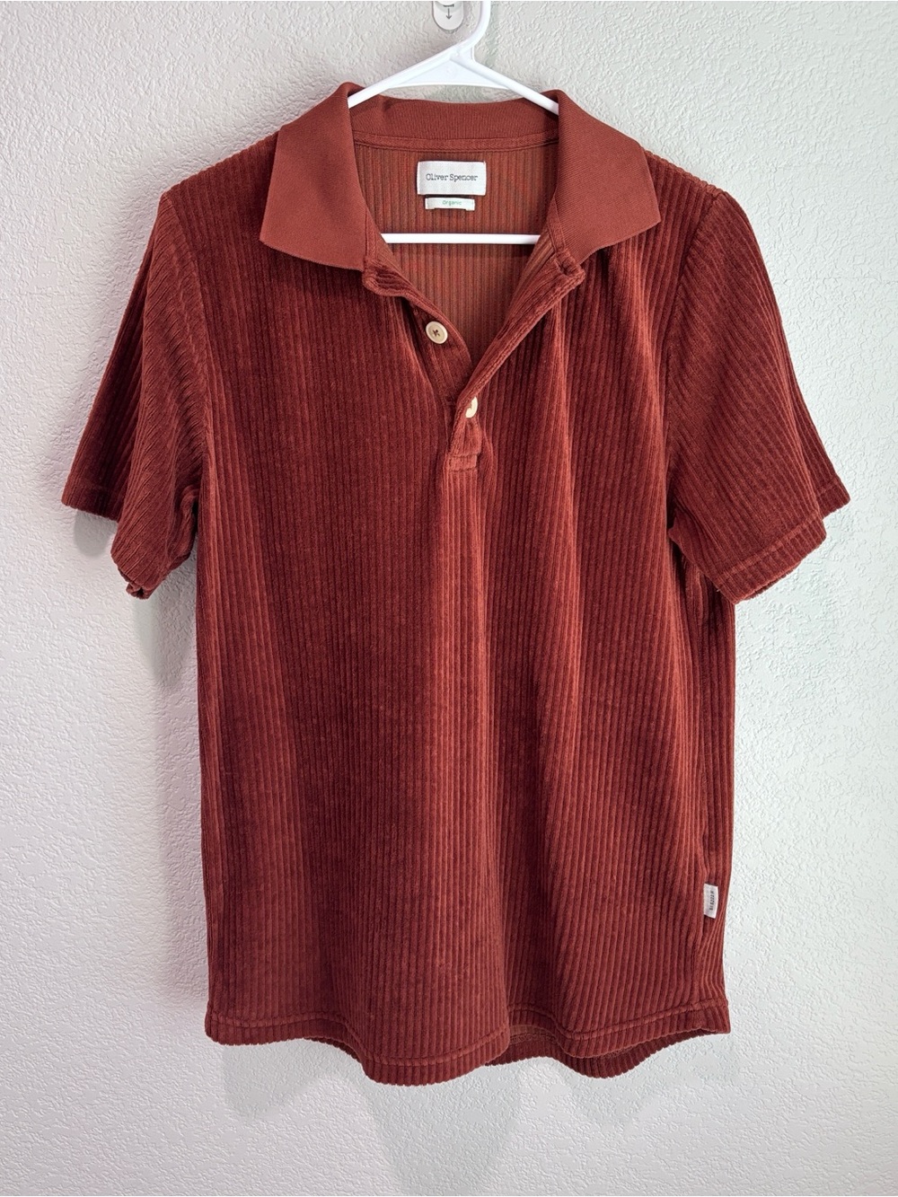 Oliver Spencer Organic Cotton Short Sleeve Corduroy Polo Shirt Rust Brown Large